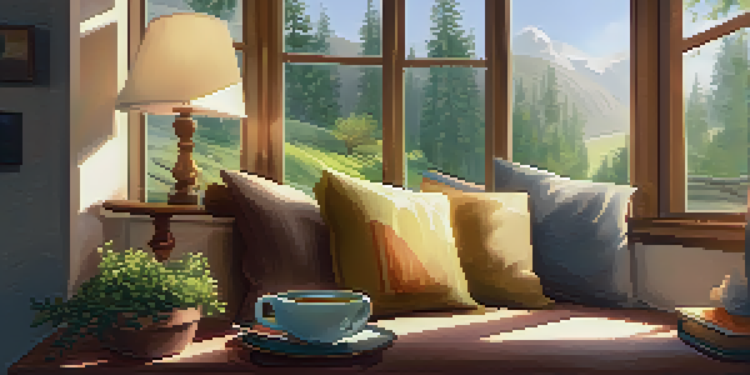 A comfortable reading corner with cushions, a cup of tea, and a digital tablet displaying an e-book, illuminated by warm sunlight.