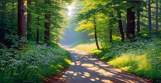 A peaceful forest path illuminated by soft morning light, with tall trees and colorful wildflowers.