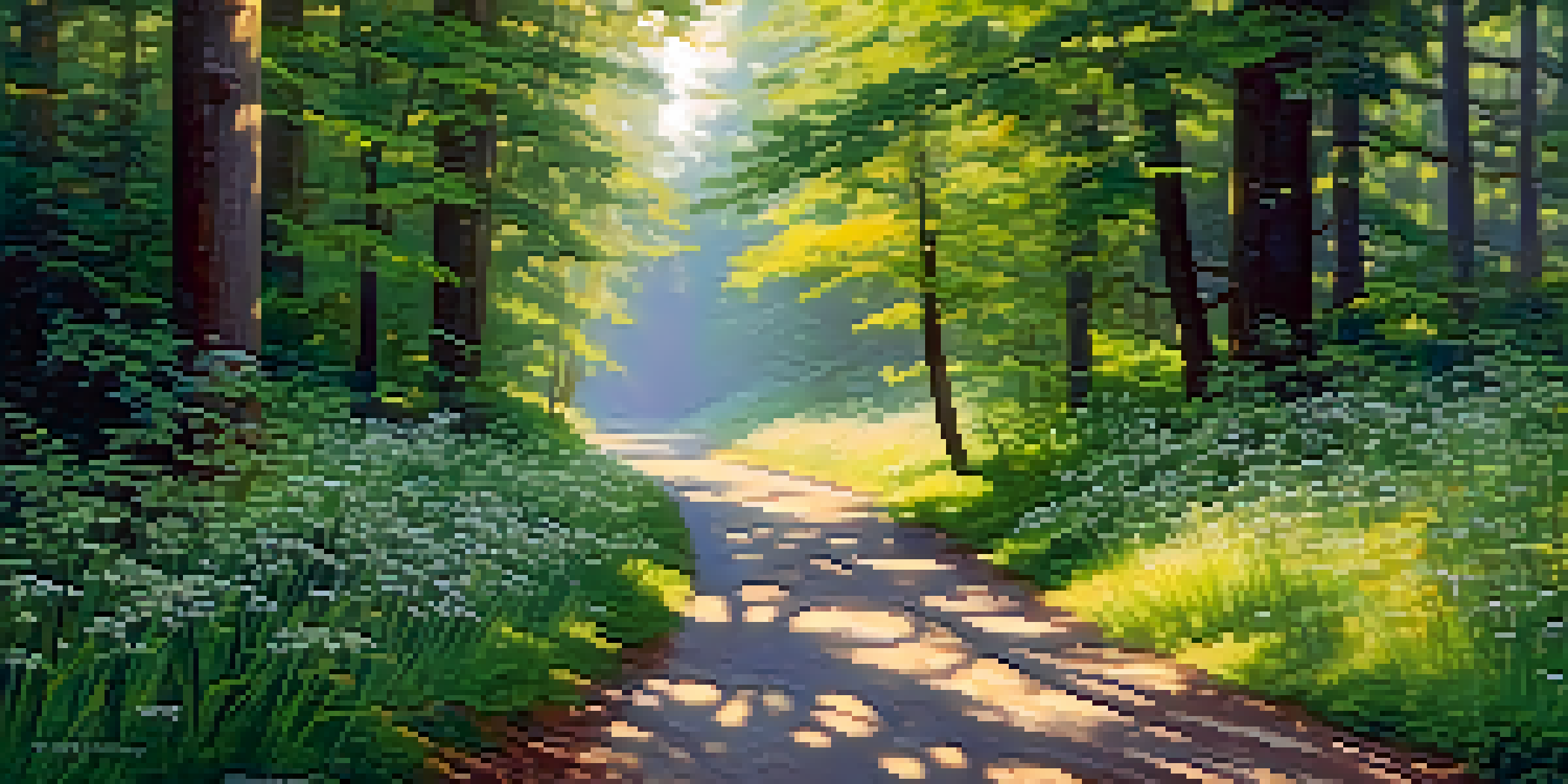 A peaceful forest path illuminated by soft morning light, with tall trees and colorful wildflowers.