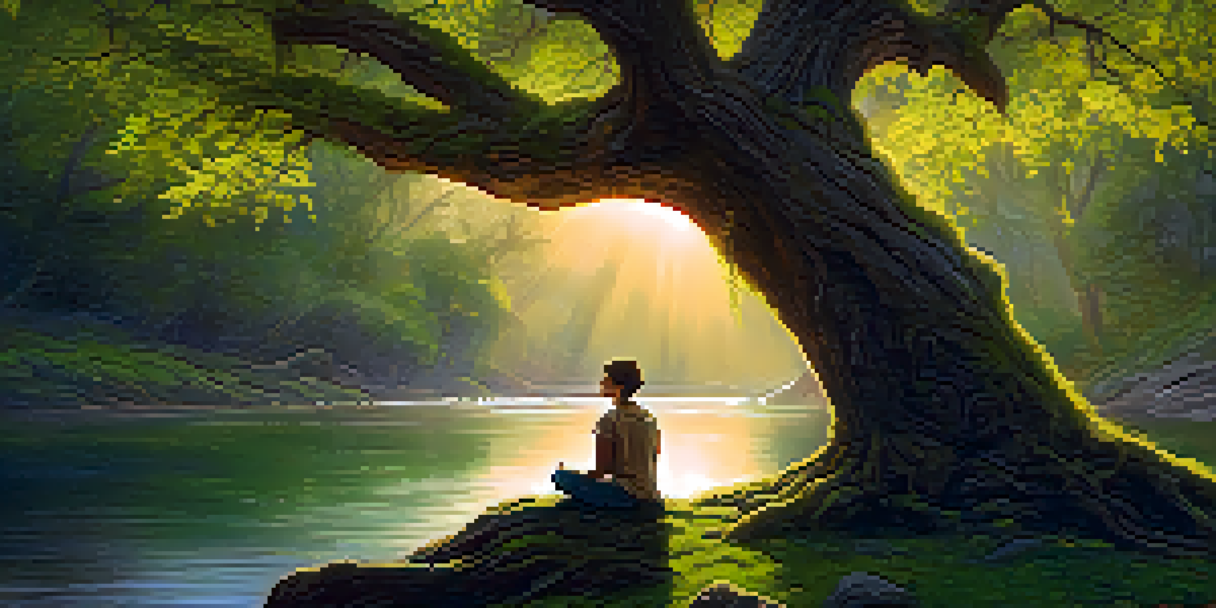 A person meditating under a large tree beside a river during sunset, surrounded by greenery and wildflowers.