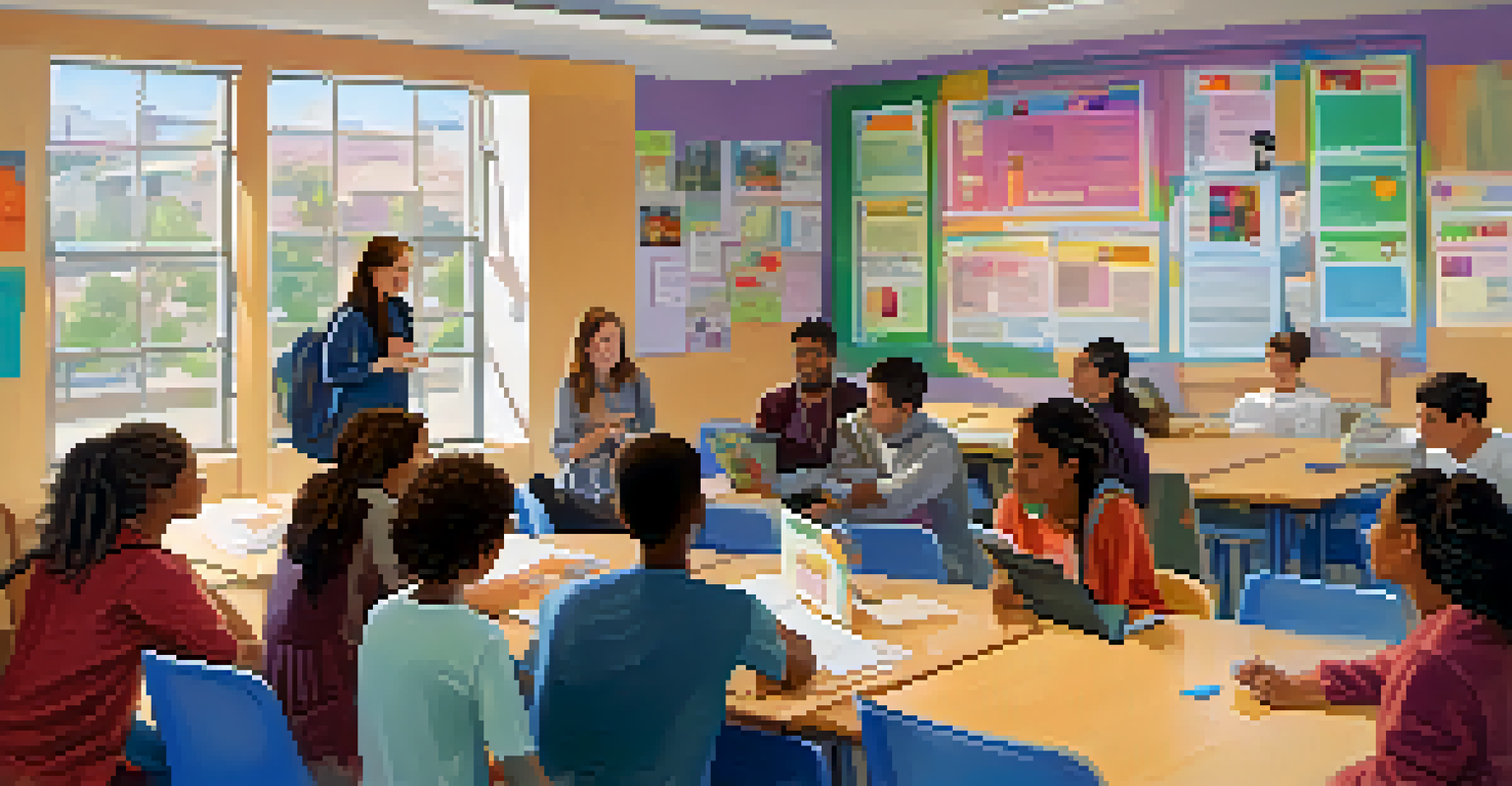 A vibrant classroom with diverse students discussing social entrepreneurship, surrounded by inspirational posters, showcasing creativity and teamwork.