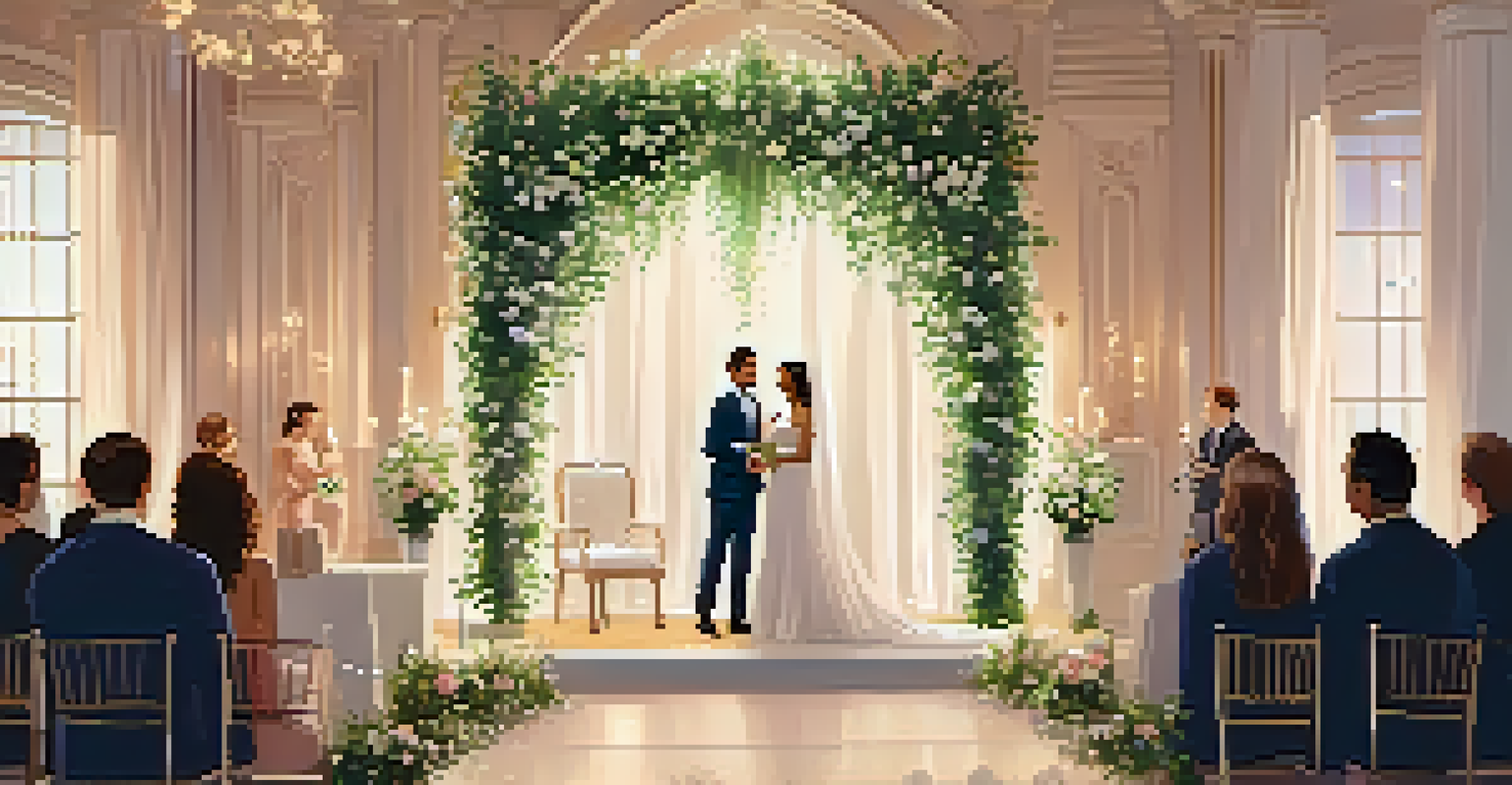 An online wedding ceremony with a couple exchanging vows and guests watching on a video call.