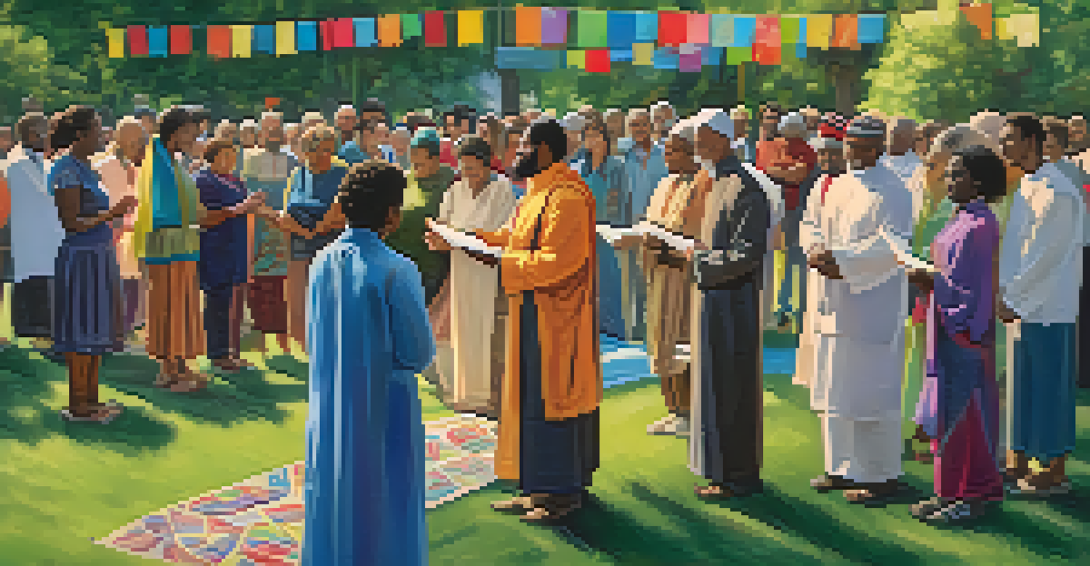 An interfaith prayer circle in a park with diverse participants sharing their prayer practices and colorful banners.