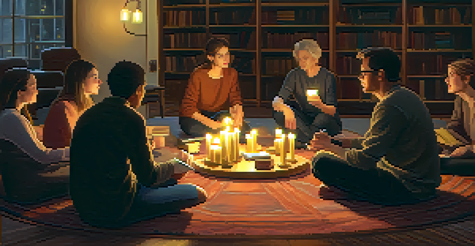A small group of people engaged in a thoughtful discussion in a cozy indoor setting, surrounded by books and candles, creating a warm and inviting atmosphere.