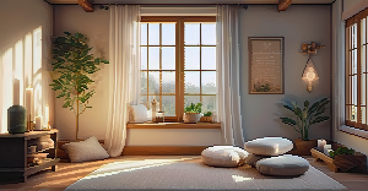 A cozy corner in a home with meditation cushions, candles, and crystals, softly lit by natural light.