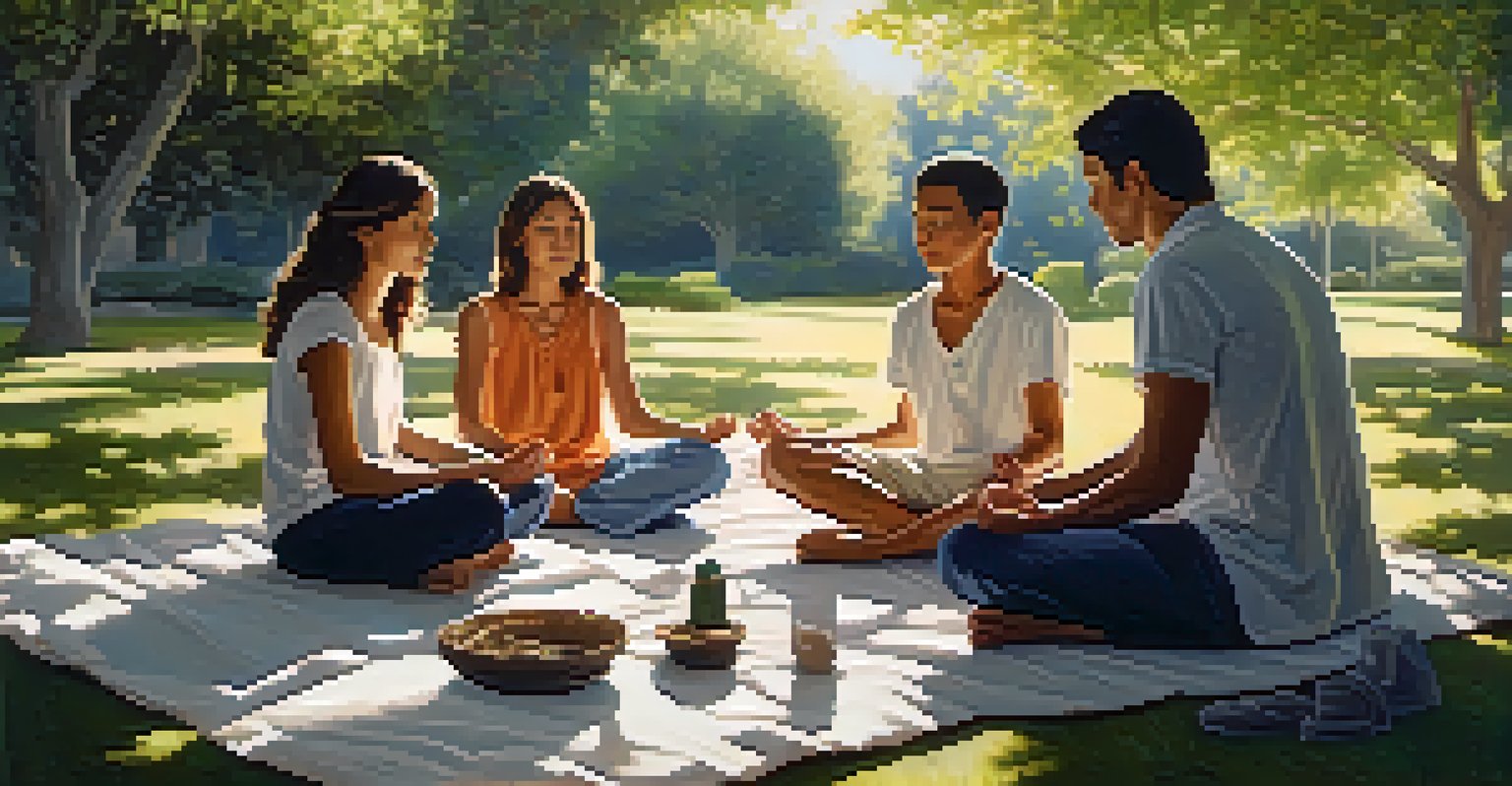 A family meditating together in a peaceful garden, surrounded by greenery and sunlight.