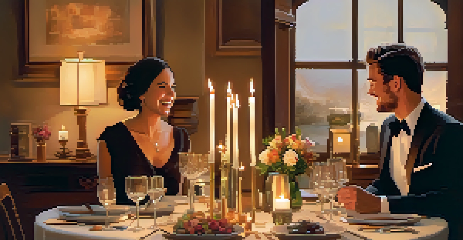 A beautifully set dinner table with candles and flowers, capturing a couple enjoying a special moment together.