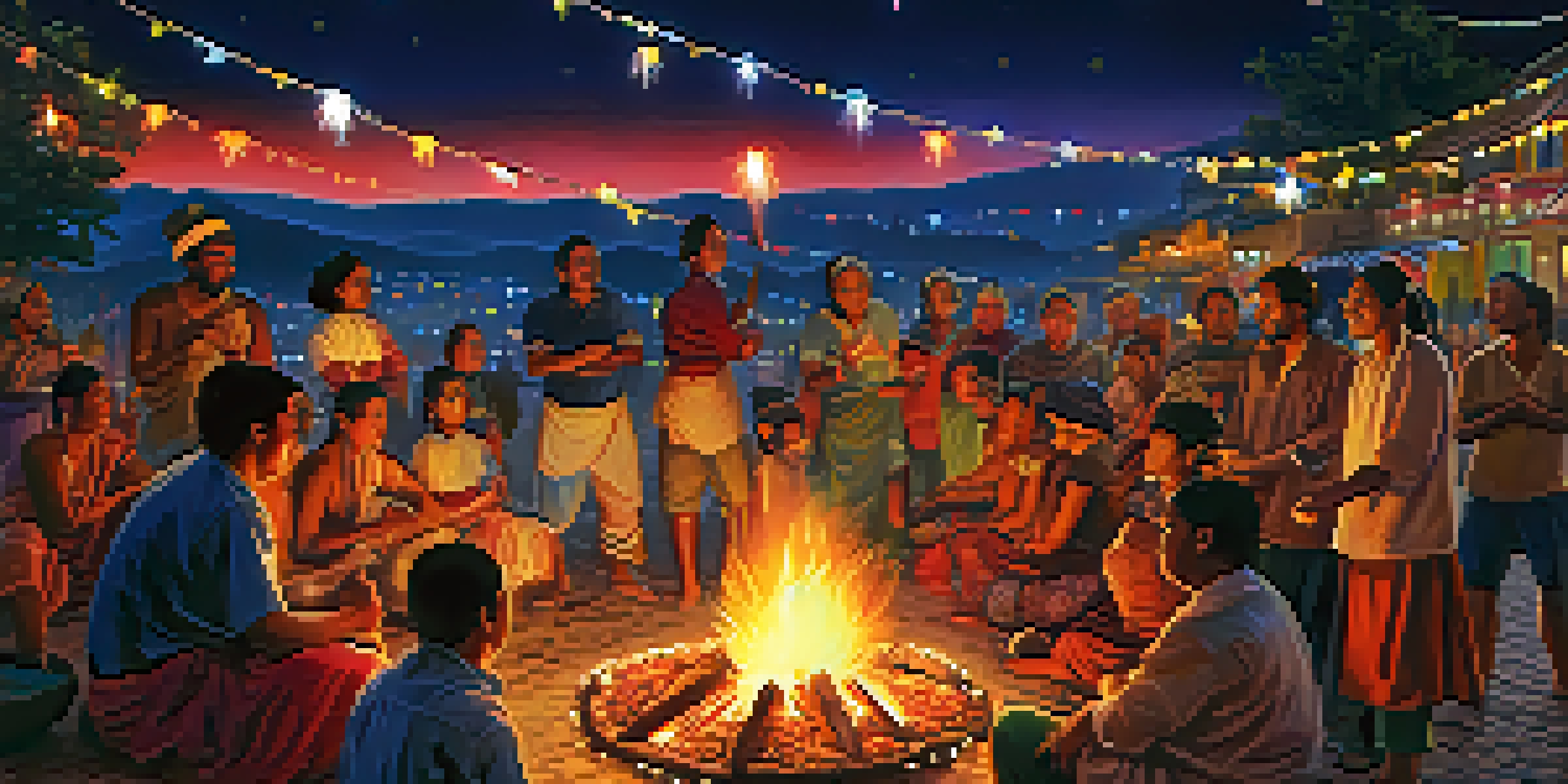 A group of people celebrating around a bright fire at night, with fireworks in the background.
