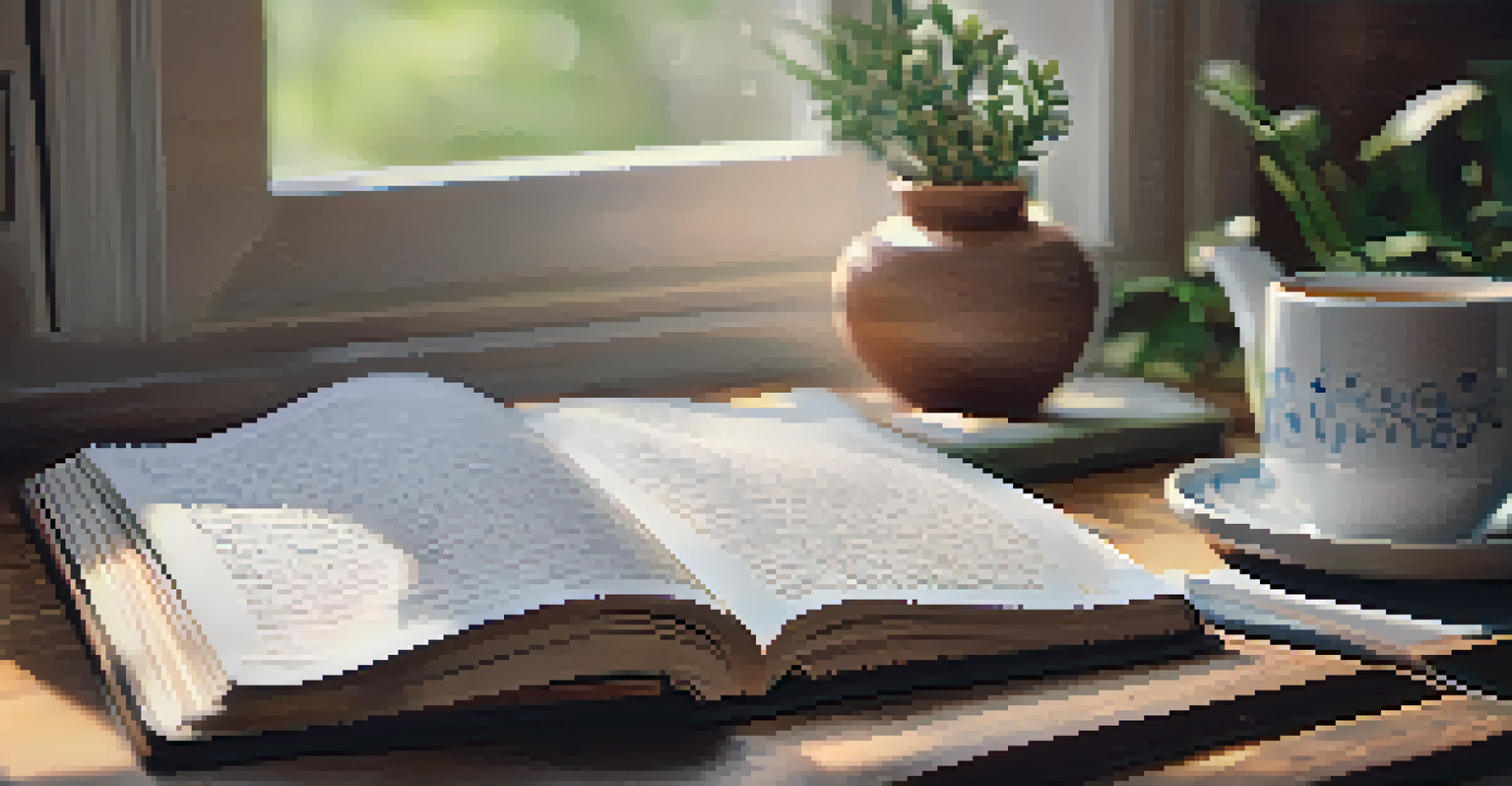 A journal with positive affirmations, a cup of tea, and a potted plant on a table, bathed in natural light.
