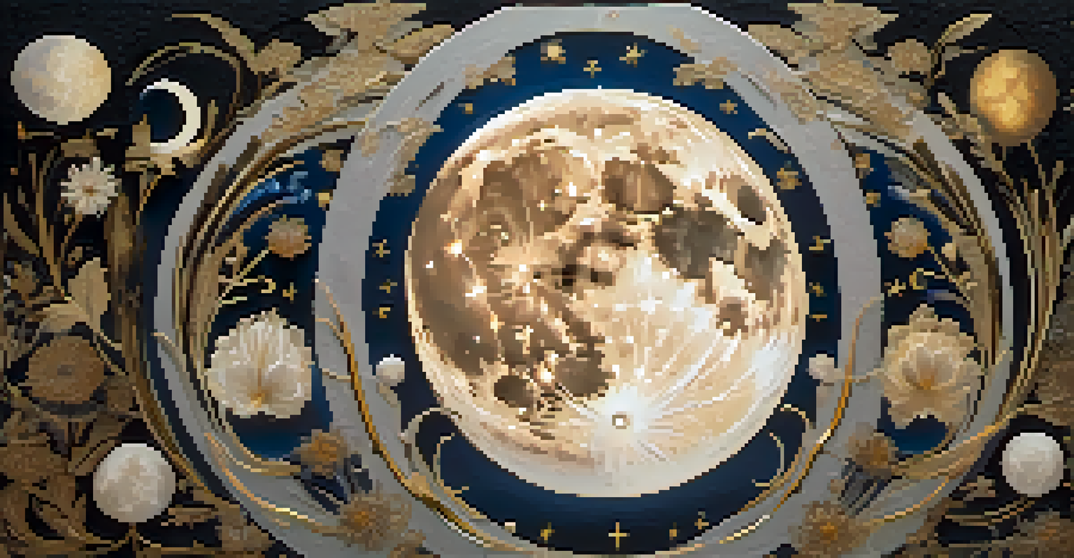 A circular arrangement of the moon's phases from new to full, surrounded by floral elements representing growth and transformation.