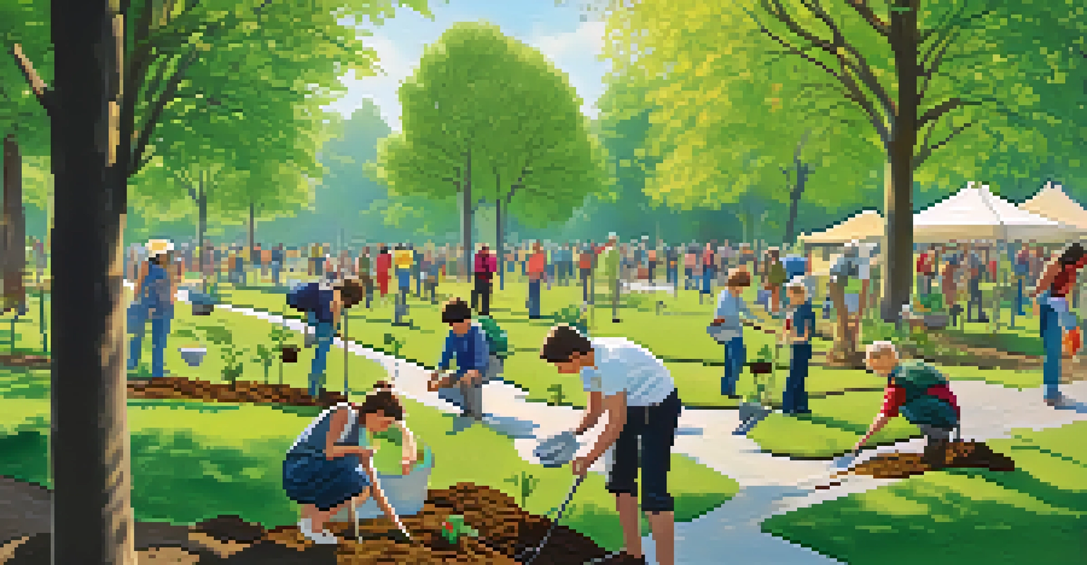 A diverse group of people planting trees together in a sunny park.