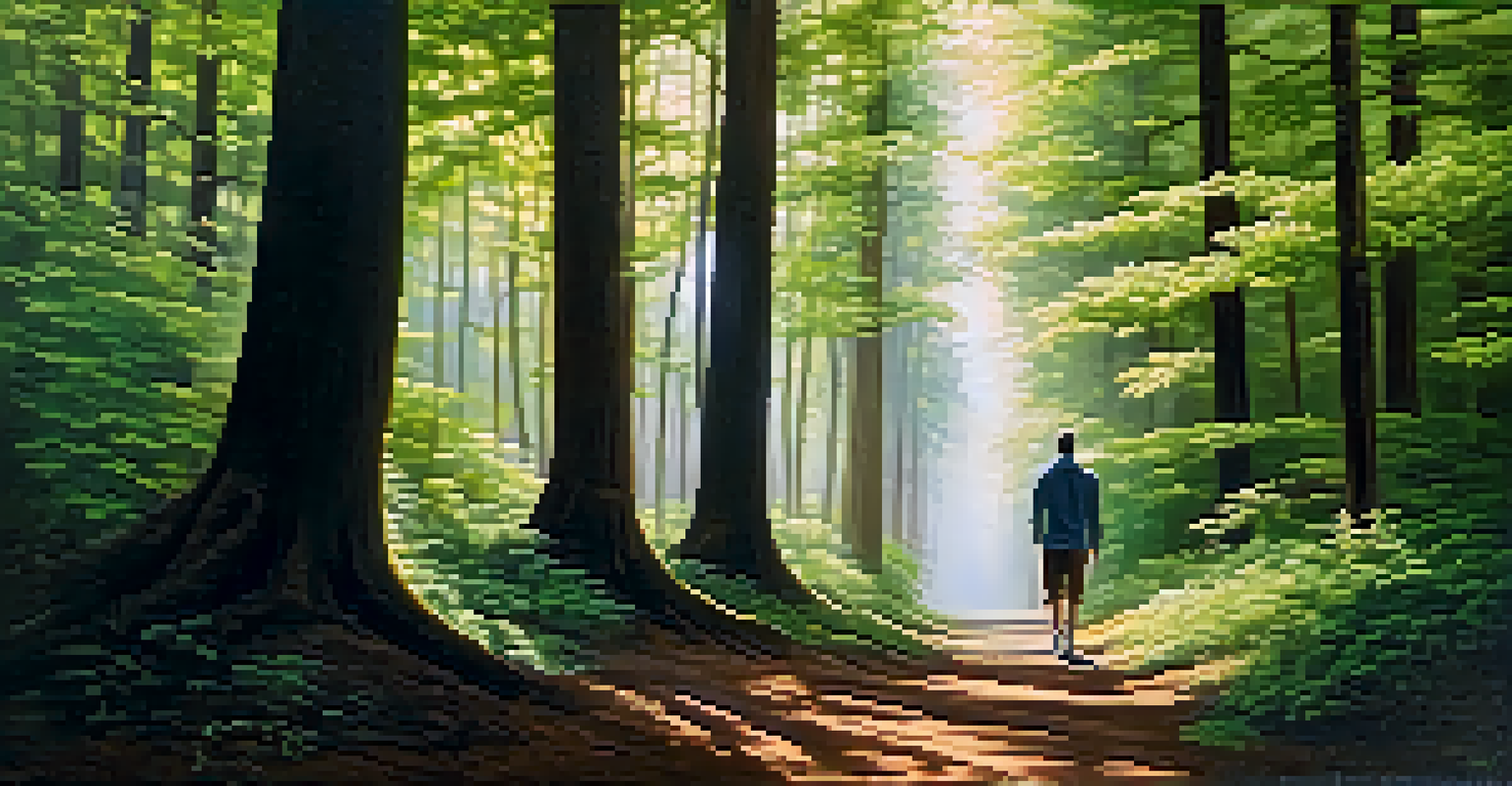 A peaceful forest path with sunlight filtering through trees, depicting a person walking thoughtfully in nature.