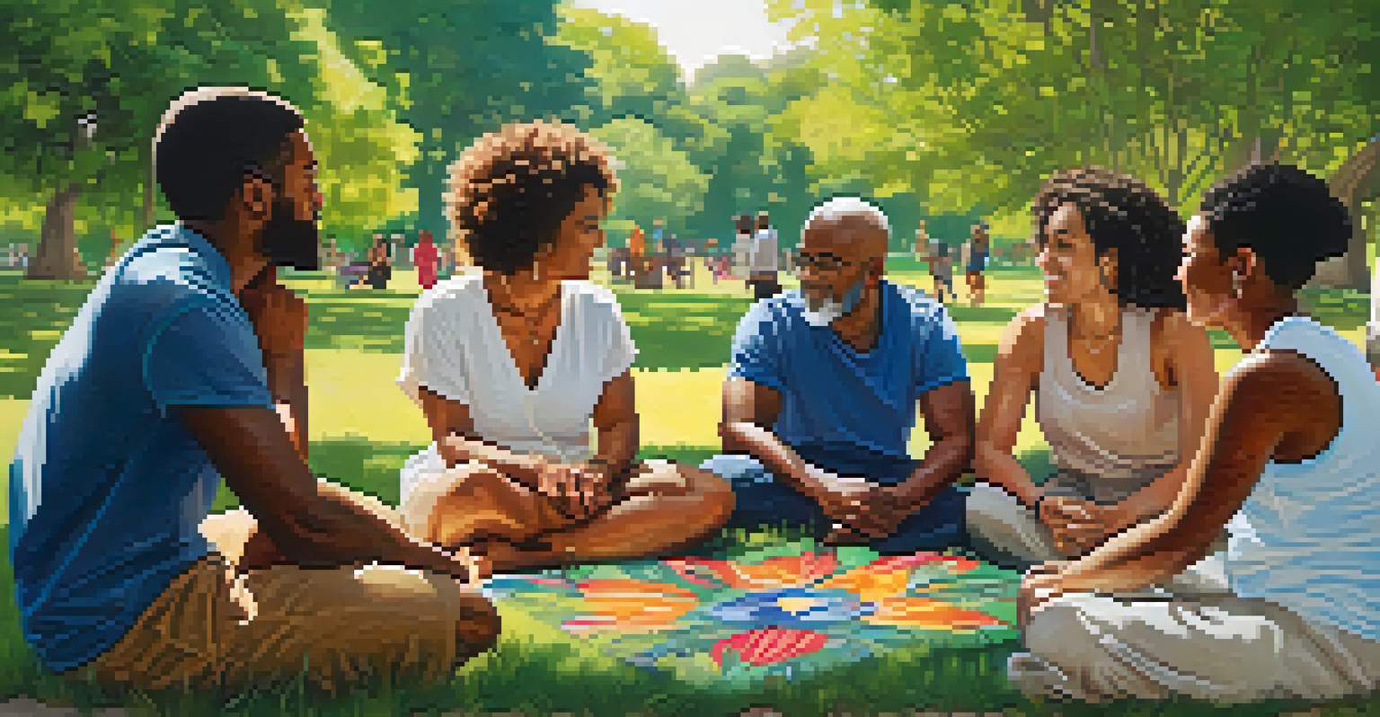 A diverse group of people discussing spirituality and philosophy in a sunny park, surrounded by greenery and flowers.