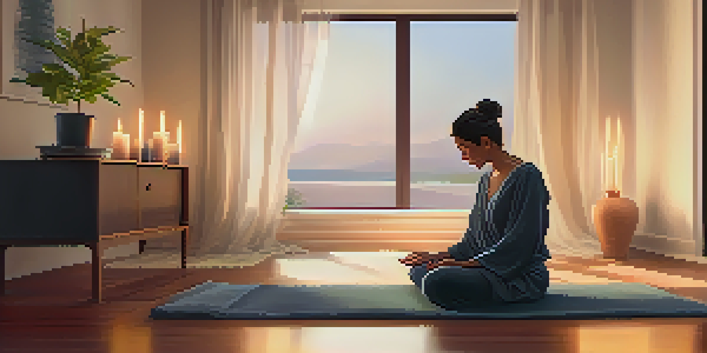 A cozy meditation space with candles, soft lighting, and a person meditating on a plush rug.