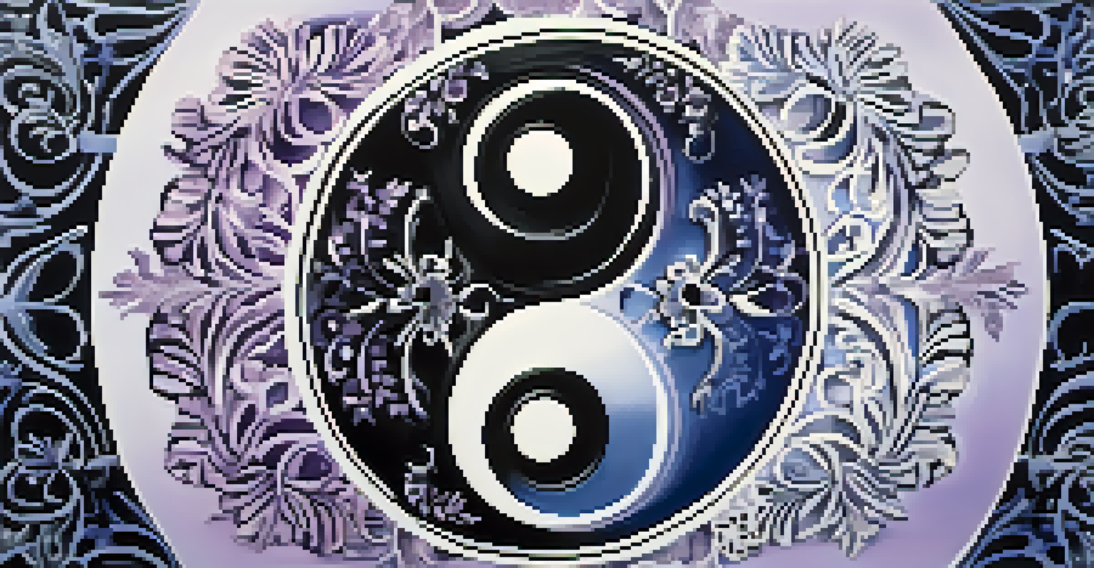 An artistic yin-yang symbol with floral designs on a gradient background.