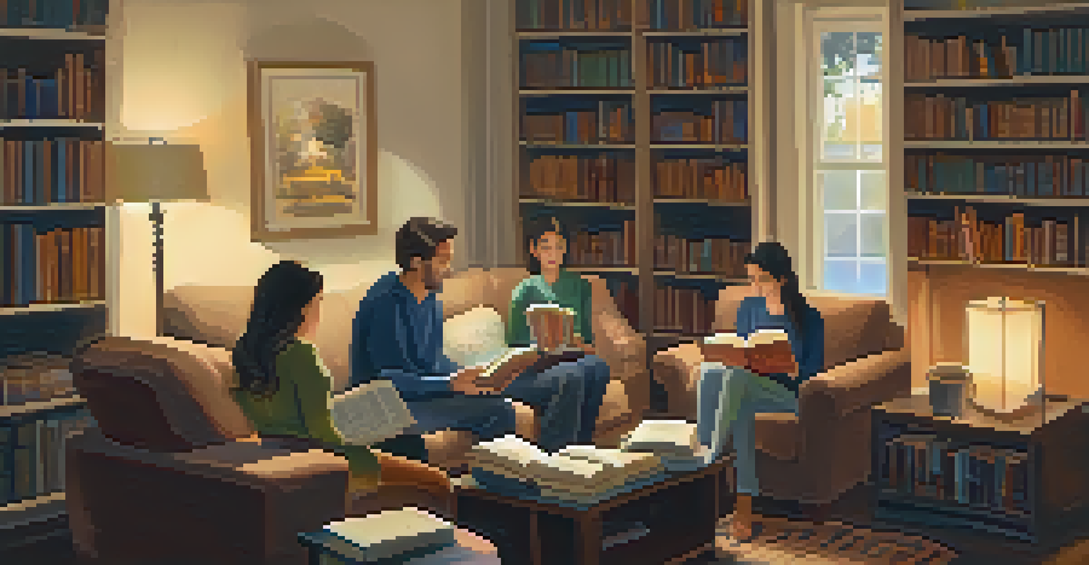A cozy living room with a diverse family book club discussing a spirituality book.