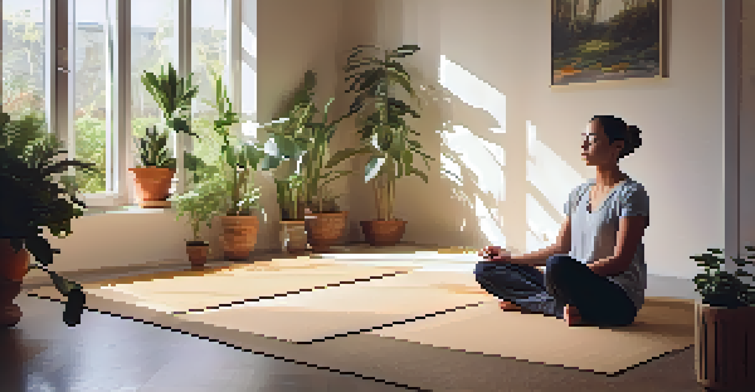 A person meditating in a sunlit room filled with plants and cushions.