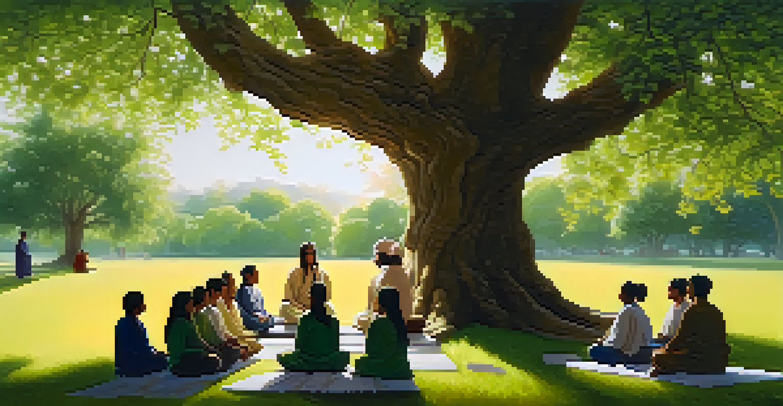 A spiritual leader guiding a meditation session with students sitting on the grass under a large tree, creating a peaceful outdoor environment.