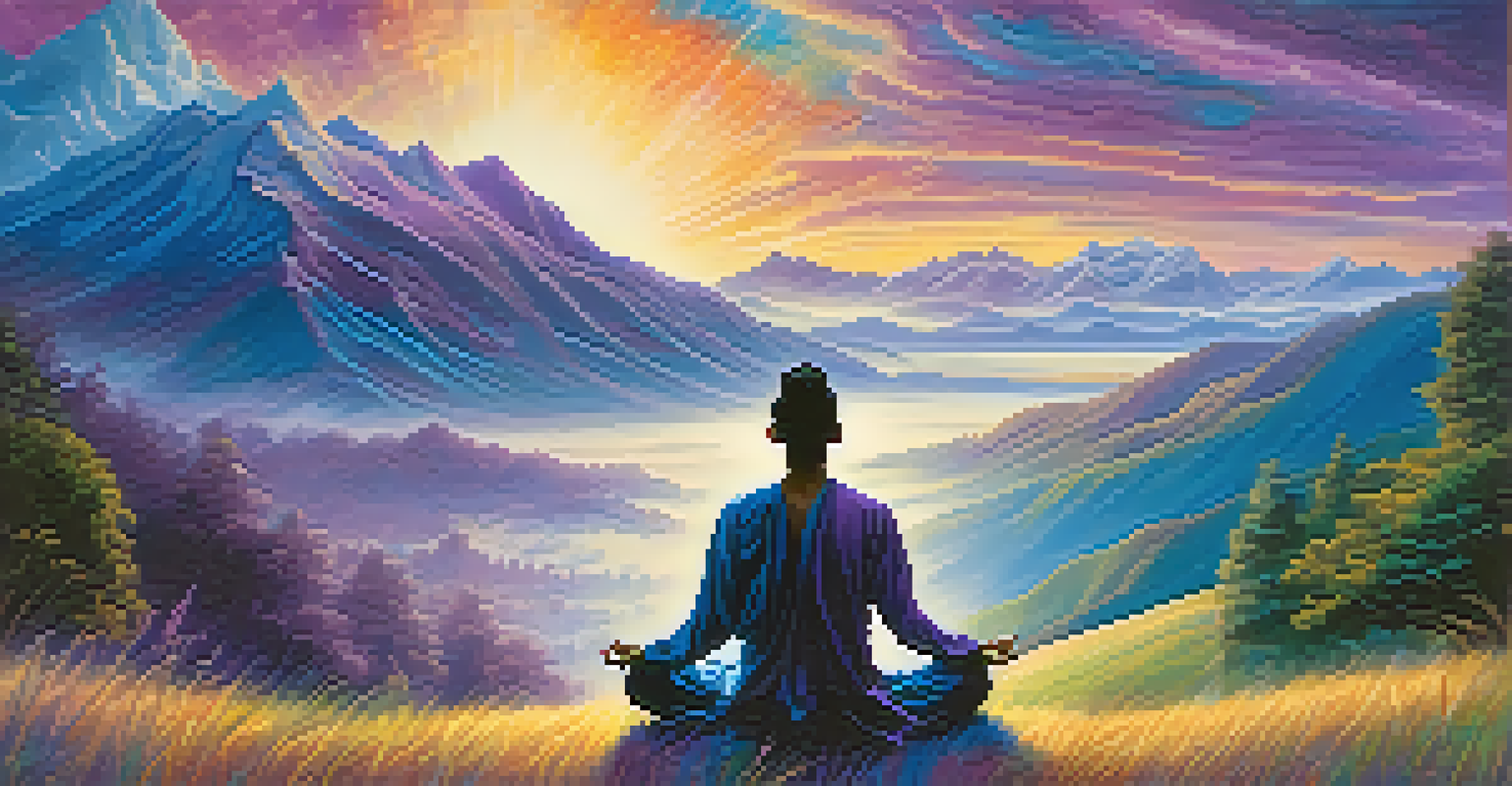 A person meditating on a hill surrounded by swirling colors and light, symbolizing spiritual awareness and peace.