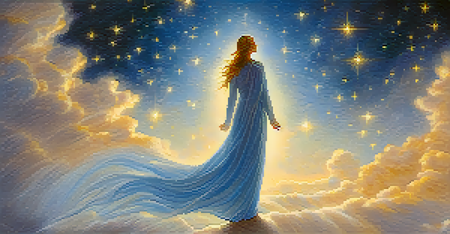 A glowing figure representing spiritual guides in a celestial setting with stars.