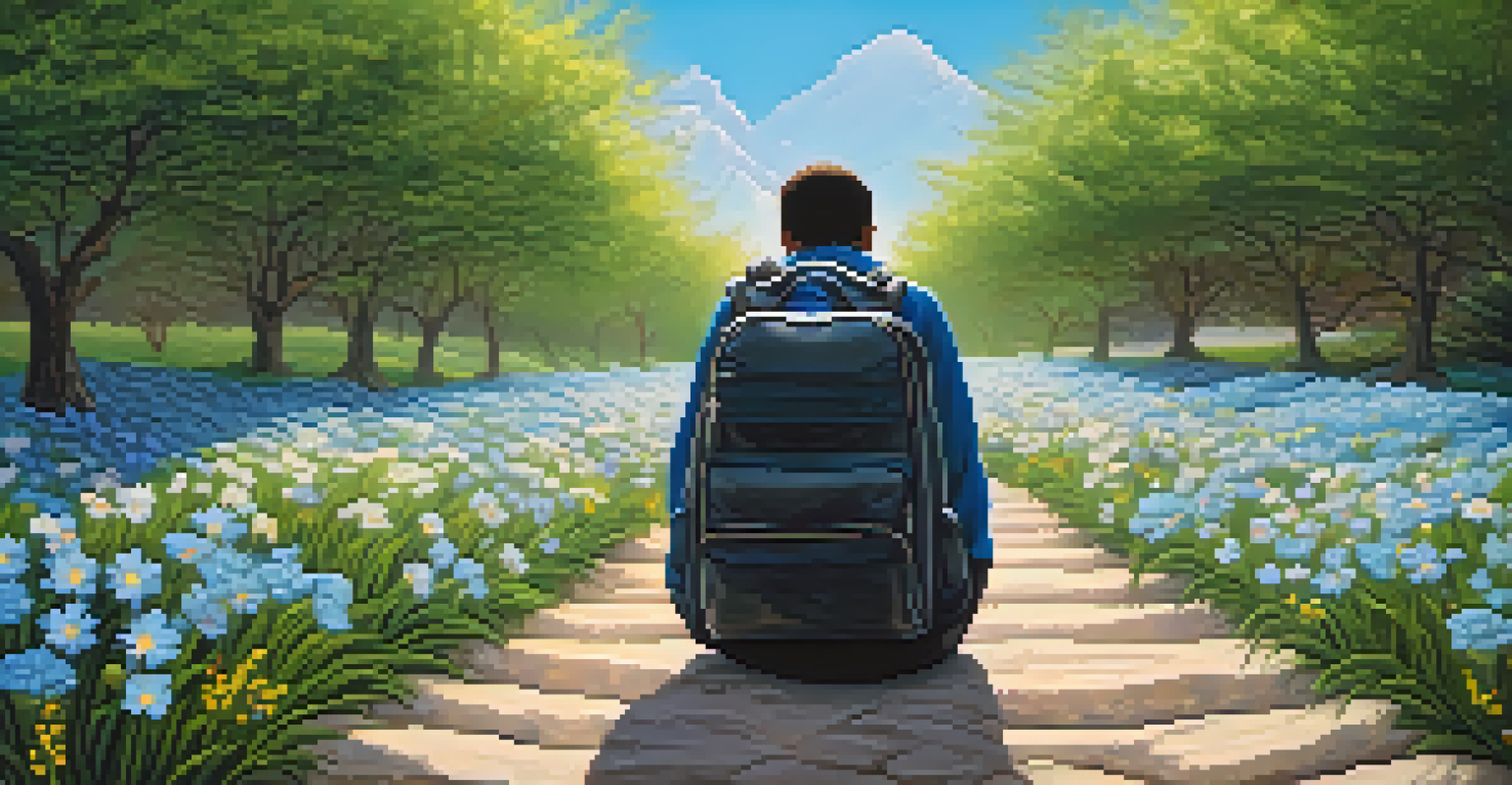An abstract image of a backpack filled with rocks being set down on a path with flowers and a blue sky.