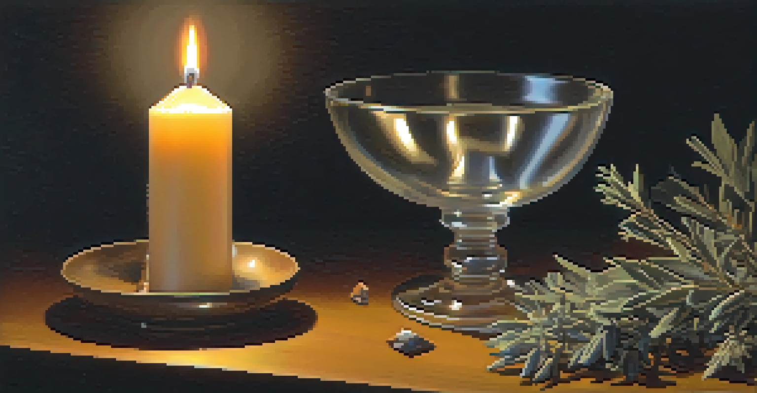 A candle surrounded by sage and crystals, casting soft light in a dark room.