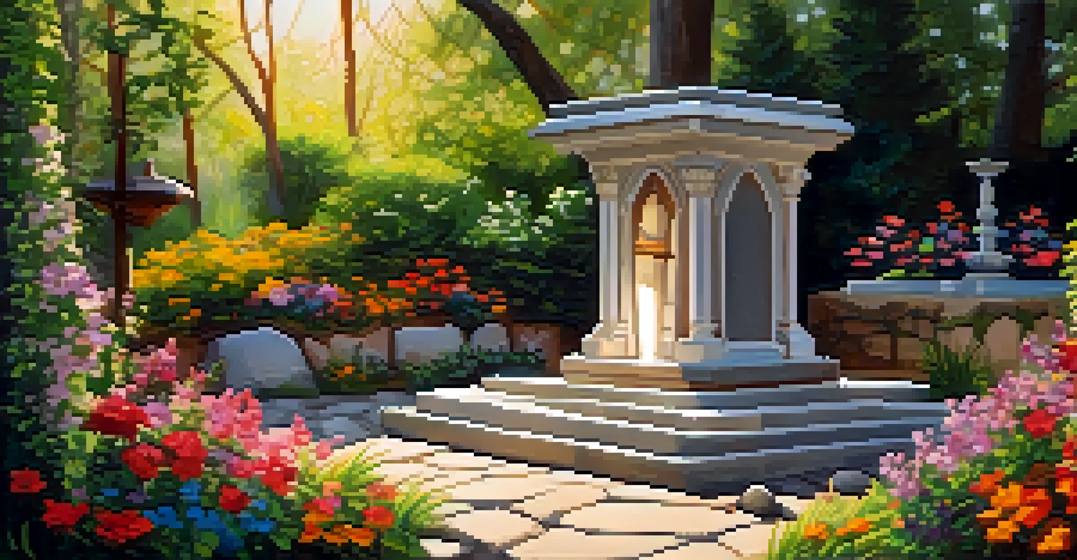 An outdoor altar in a colorful garden with flowers, stones, and candles, illuminated by warm sunlight.