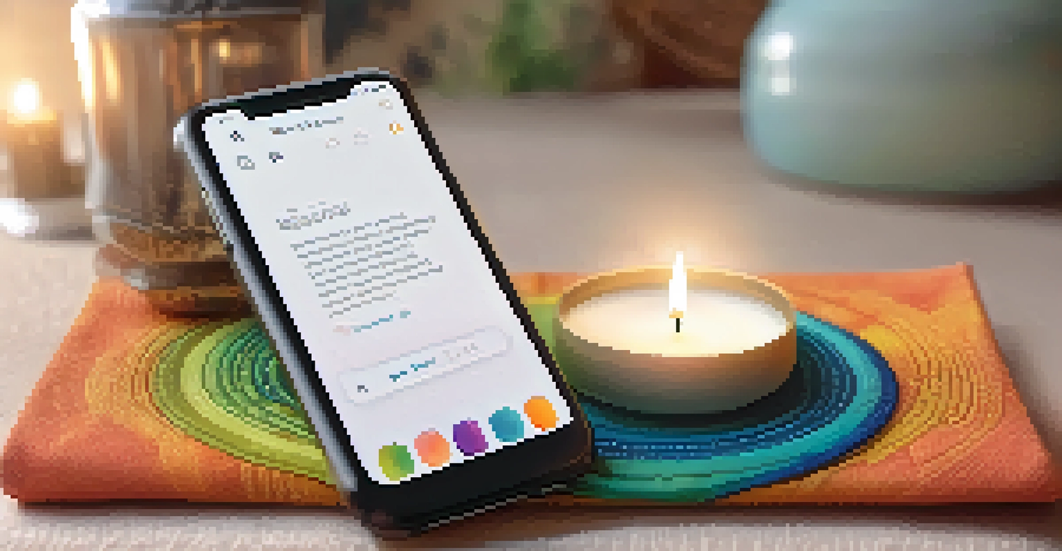 A close-up of a smartphone showing a meditation app, surrounded by aromatic candles and a journal with an inspirational quote on a textured fabric surface.