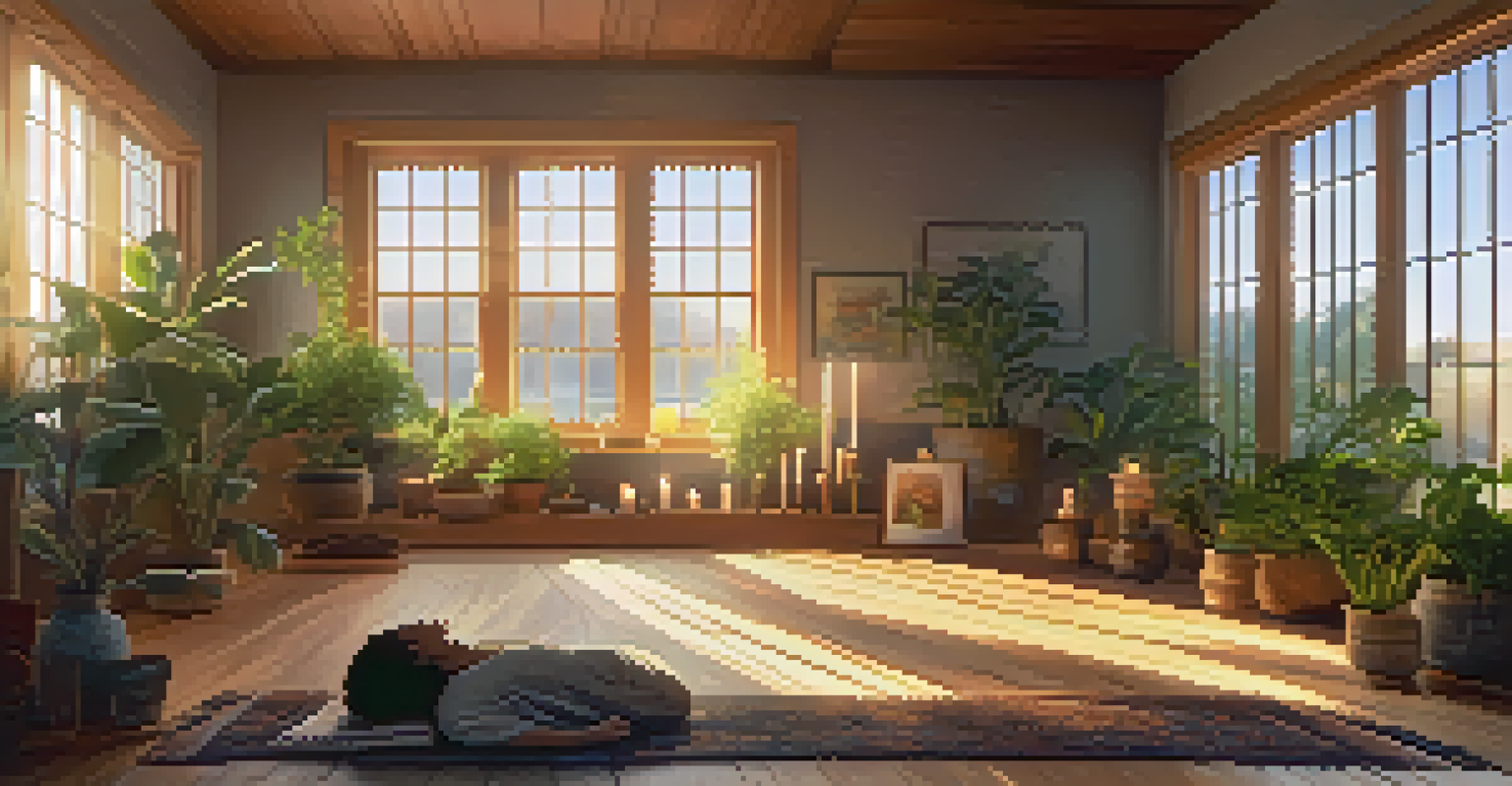 A person meditating in a sunlit room filled with plants and candles, creating a calm and peaceful atmosphere.