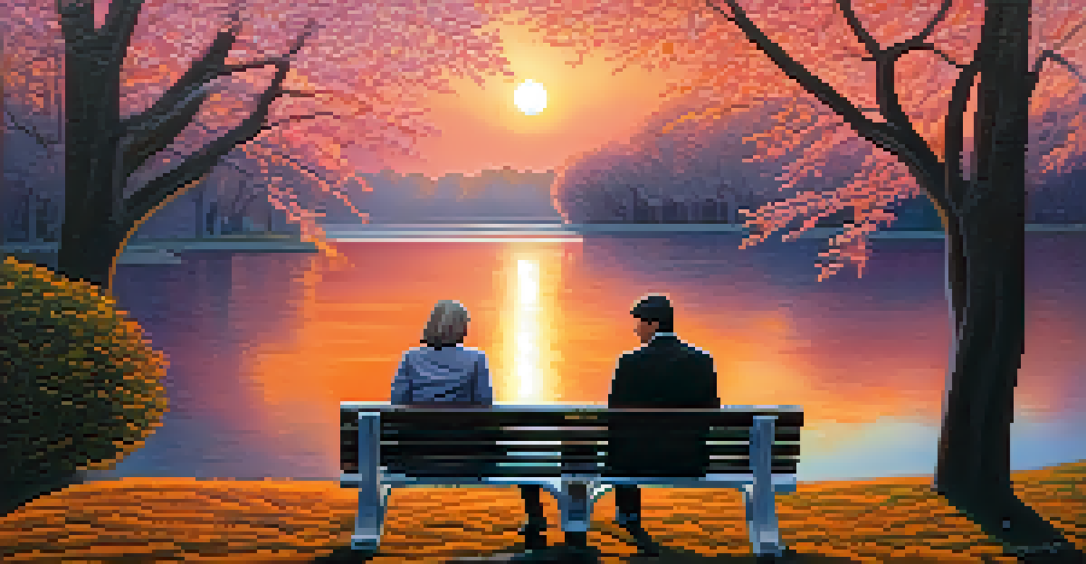 A couple sitting on a park bench during sunset, holding hands and laughing together.