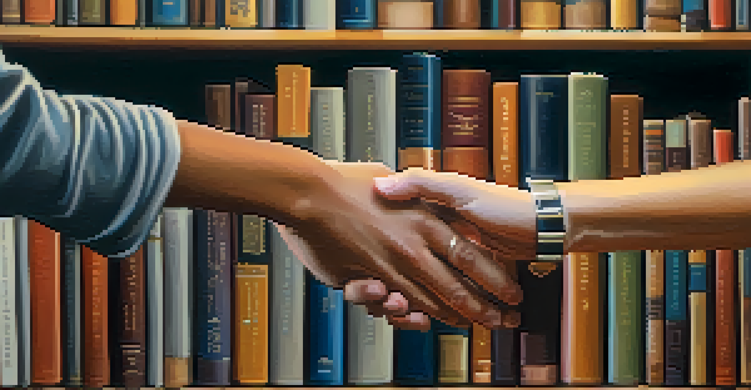 Hands exchanging books about spirituality in a cozy library setting, representing the sharing of knowledge.