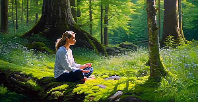 A person meditating peacefully in a green forest with sunlight filtering through trees and wildflowers around them.