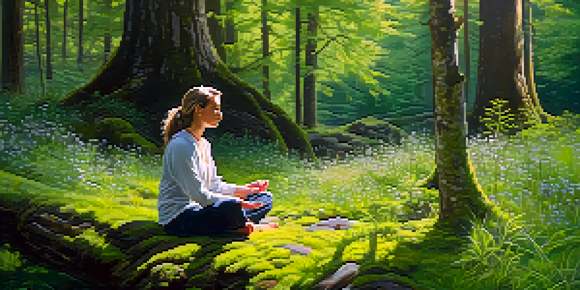 A person meditating peacefully in a green forest with sunlight filtering through trees and wildflowers around them.