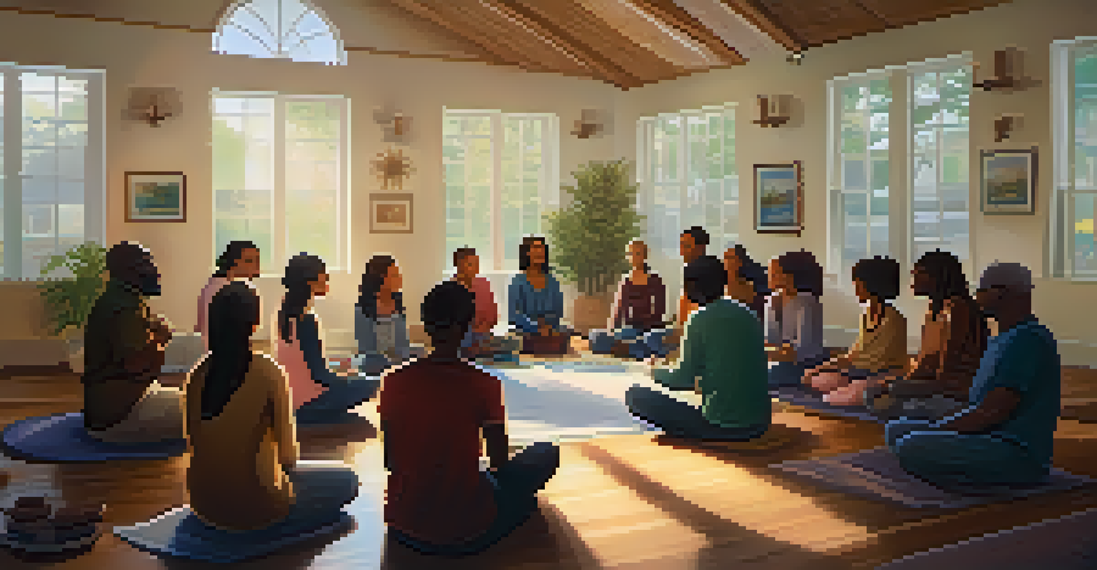 A diverse group of people holding hands in a circle during a prayer session in a warmly lit room.