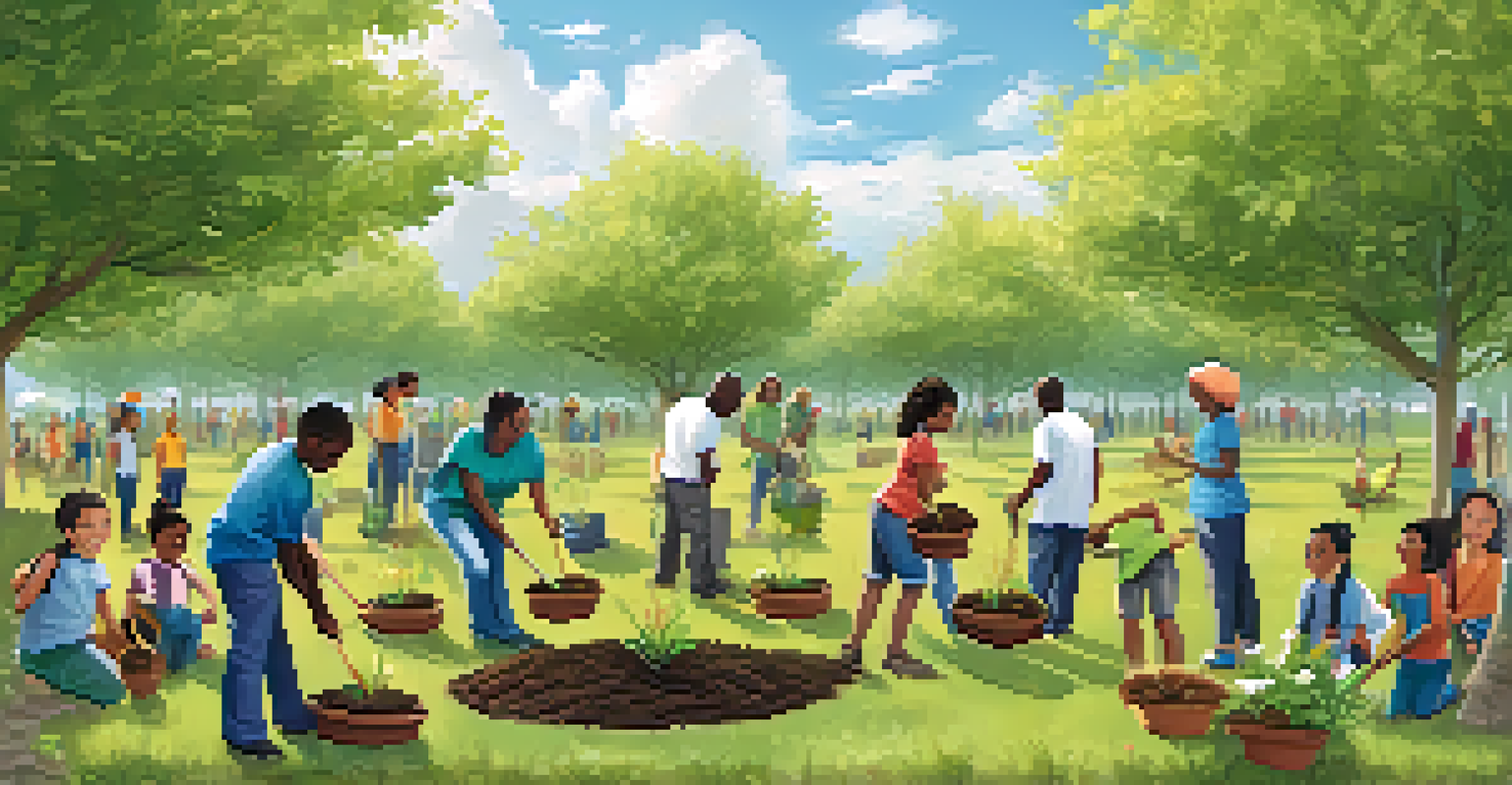 A diverse group of people planting trees together in a sunny park, promoting community environmental action.