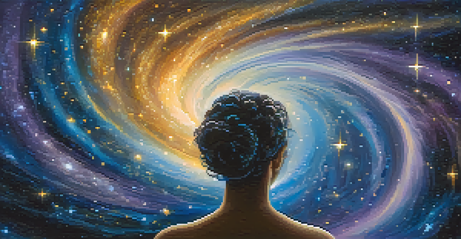 A cosmic mirror reflecting a human silhouette surrounded by galaxies and stars, showcasing the connection between humanity and the universe.