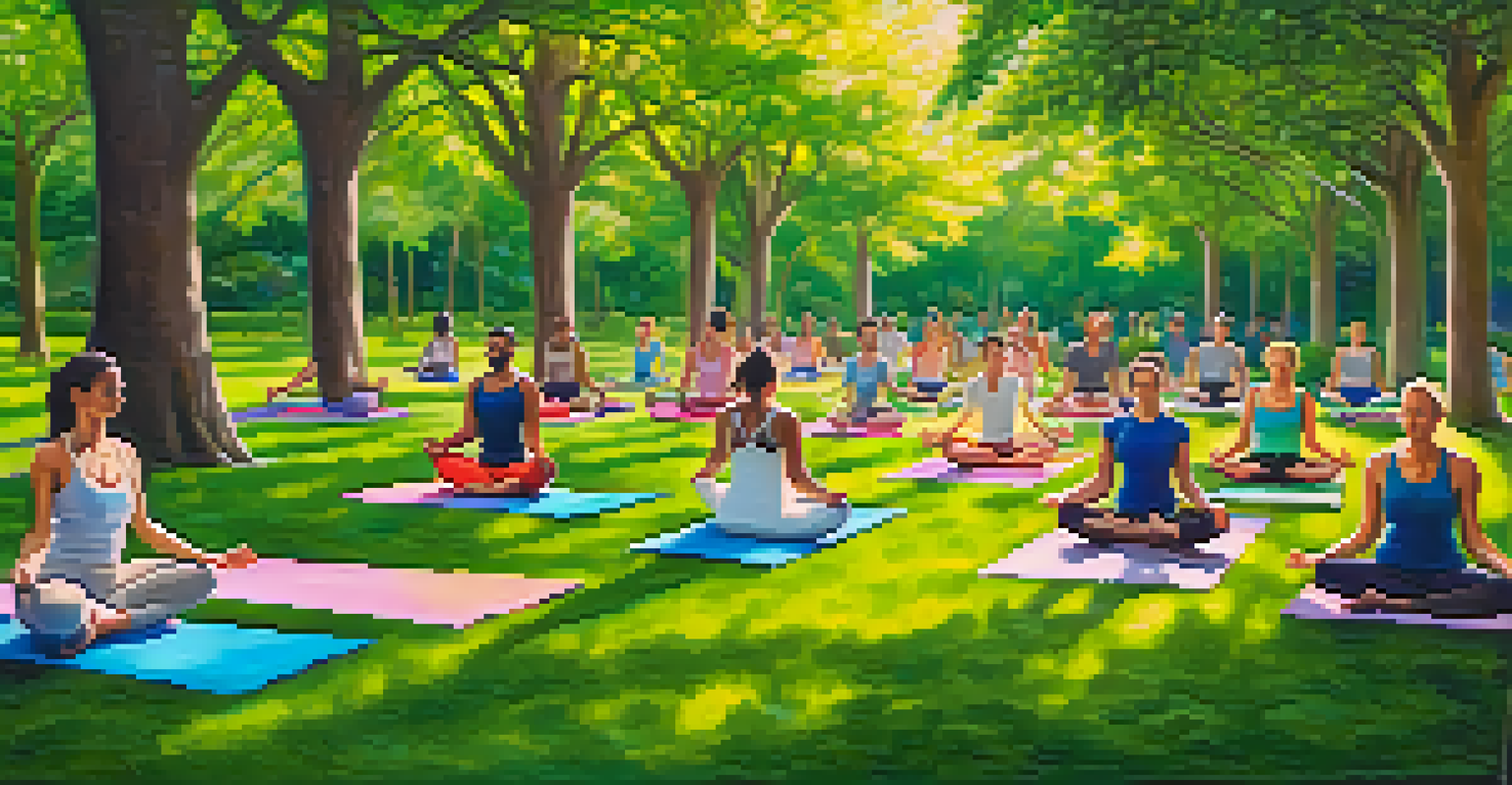 A group of people practicing yoga in a green park, promoting mindfulness and wellness.
