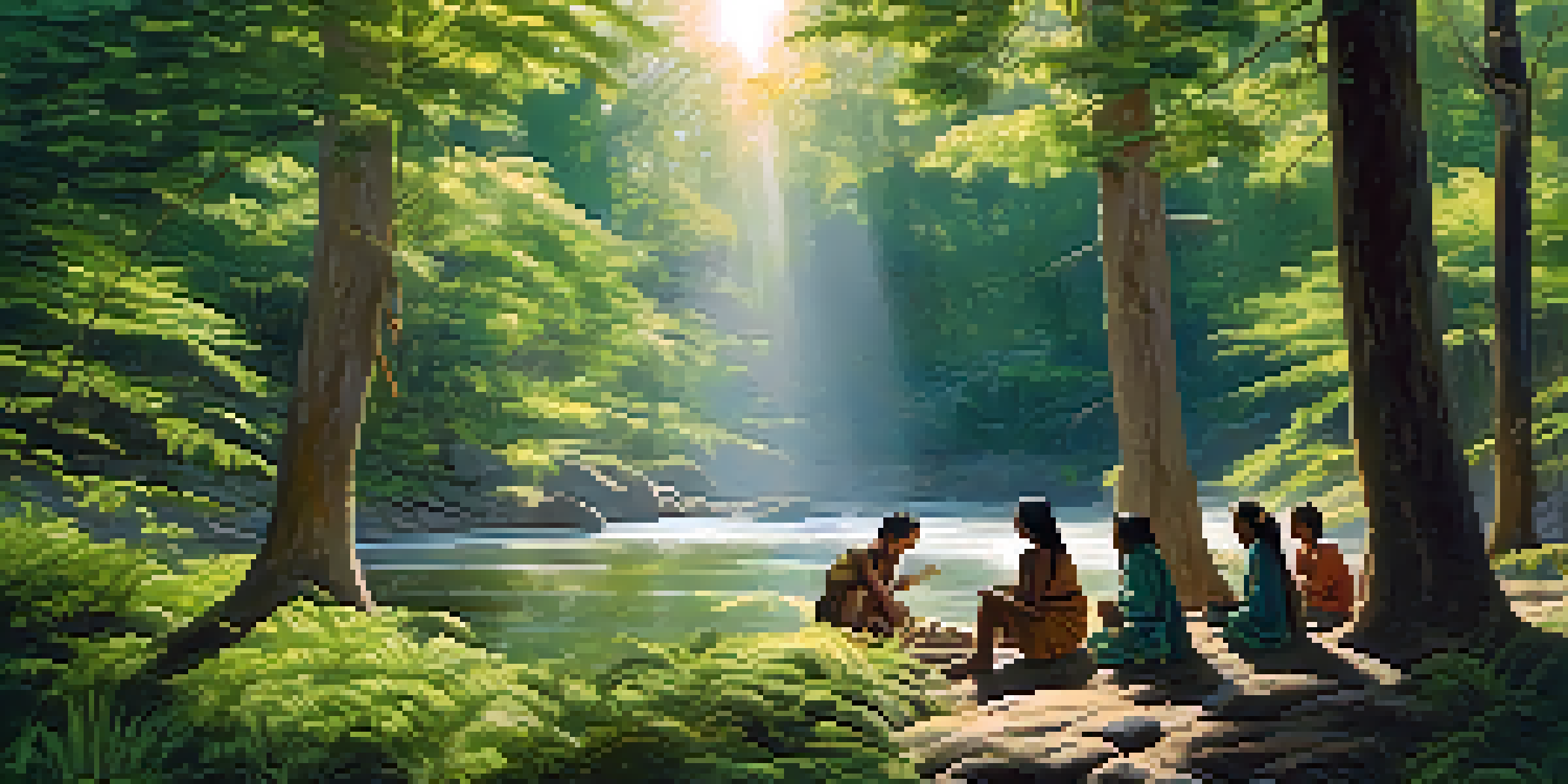A peaceful forest landscape with a stream and Indigenous people participating in a ritual, surrounded by greenery and sunlight.