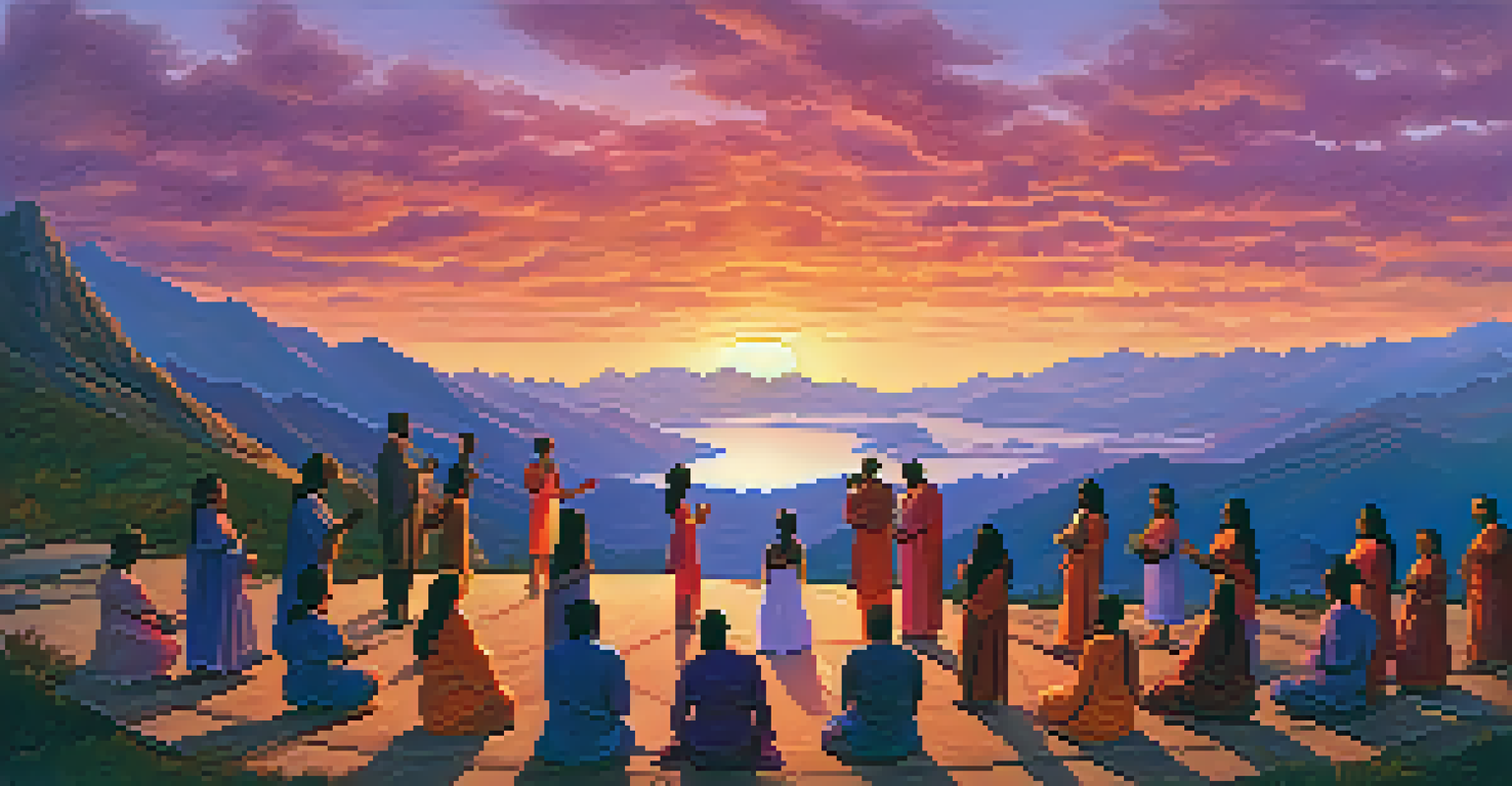 A colorful sunset over mountains with a group of people holding hands in a circle ceremony.