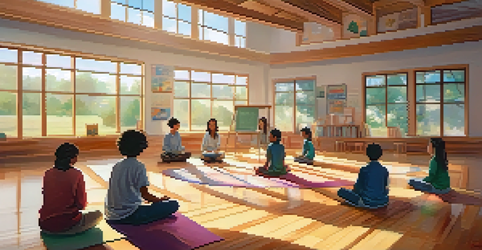 A peaceful classroom with students in a circle practicing mindfulness meditation, illuminated by soft sunlight.