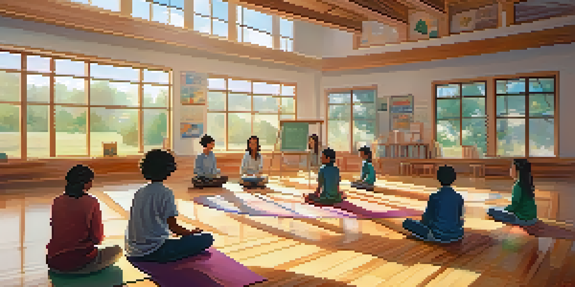 A peaceful classroom with students in a circle practicing mindfulness meditation, illuminated by soft sunlight.