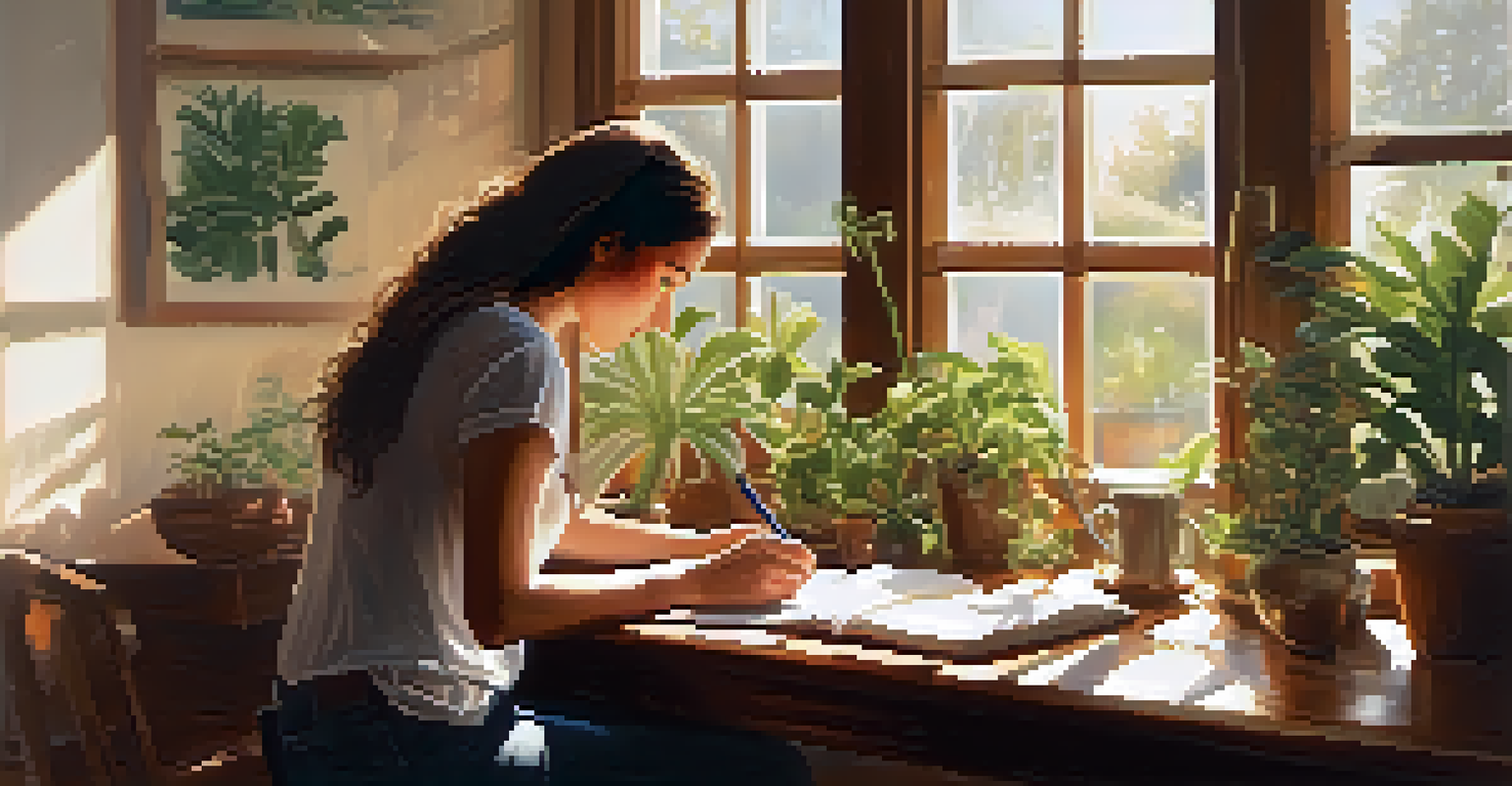 A cozy room with sunlight illuminating a person journaling with plants and a cup of tea.