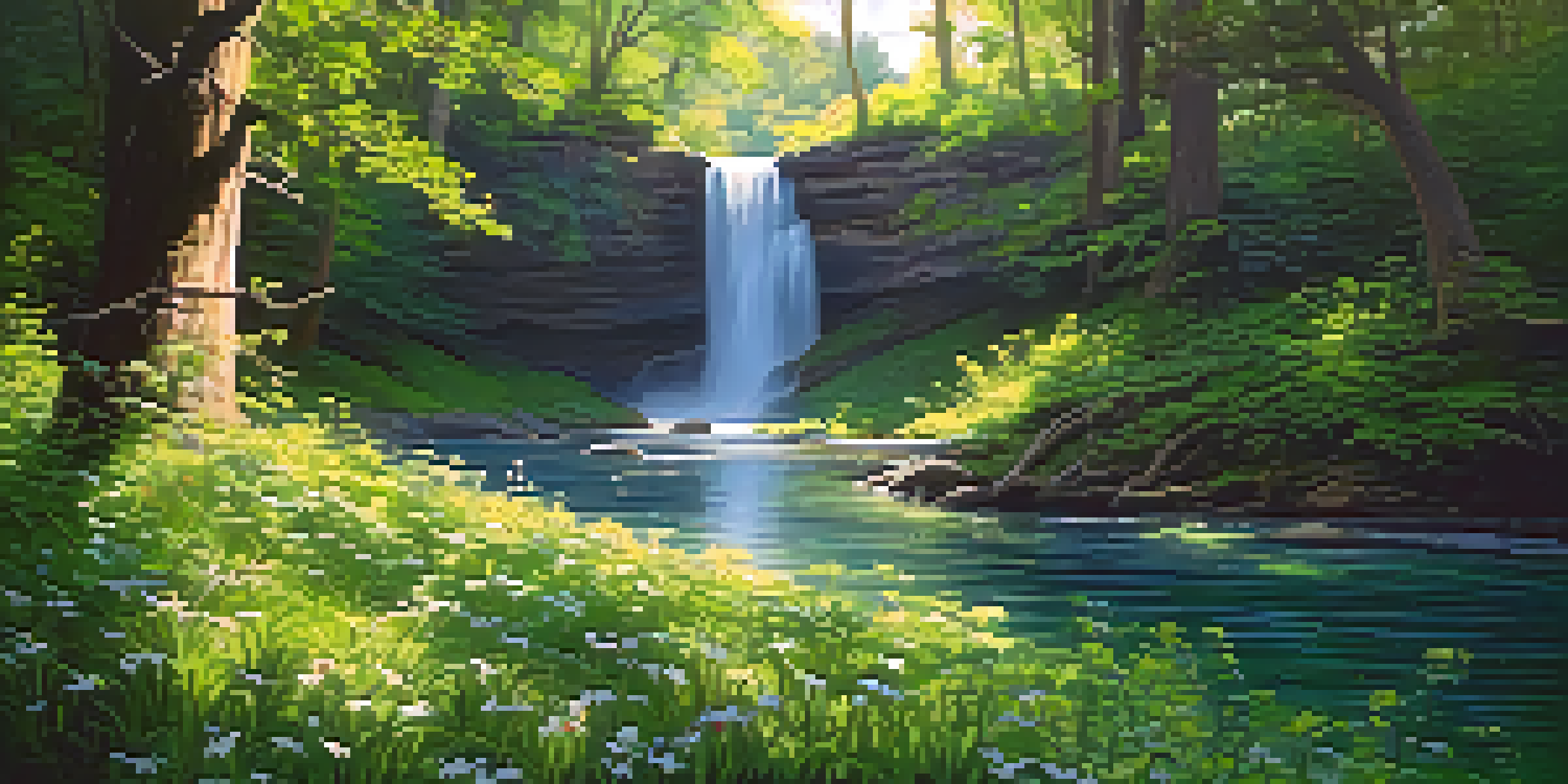 A peaceful river scene in a green forest with a waterfall and colorful wildflowers, symbolizing purity and renewal.