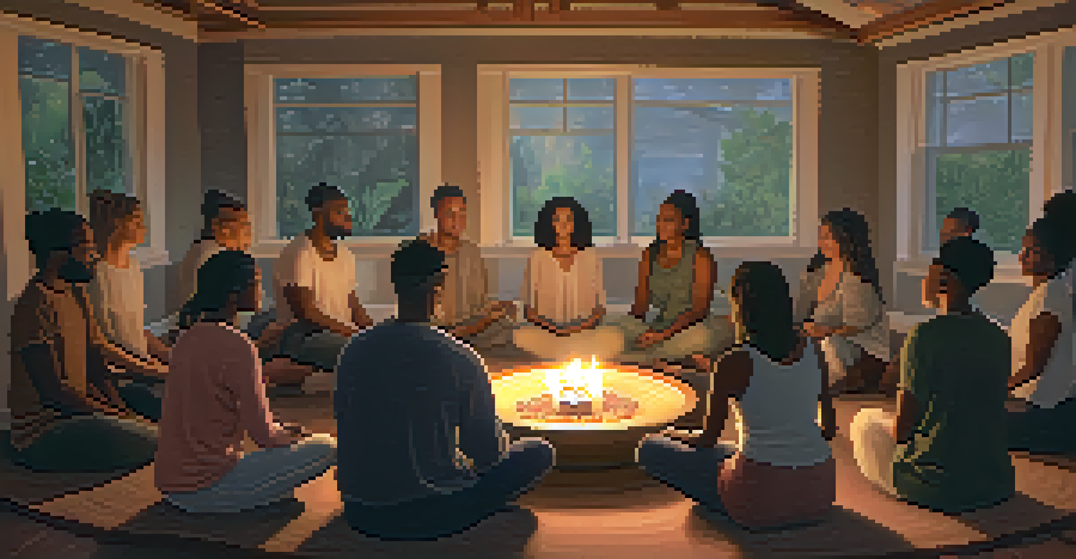 A diverse group of people sitting in a circle in a cozy room, engaged in meditation and sharing stories.