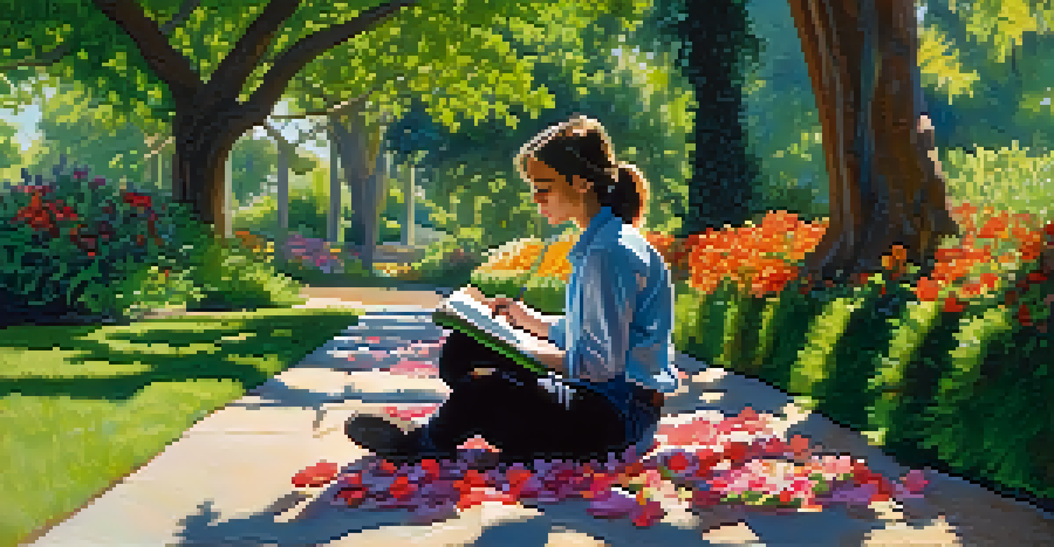 A person journaling in a vibrant garden under a tree.