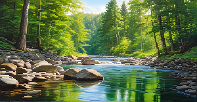 A tranquil river surrounded by greenery, with sunlight shining through the trees and clear water over stones.