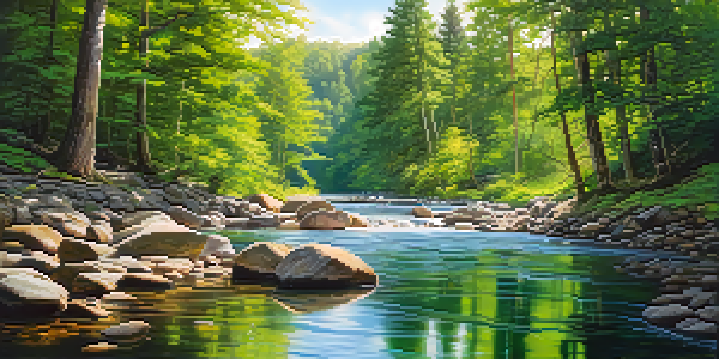 A tranquil river surrounded by greenery, with sunlight shining through the trees and clear water over stones.
