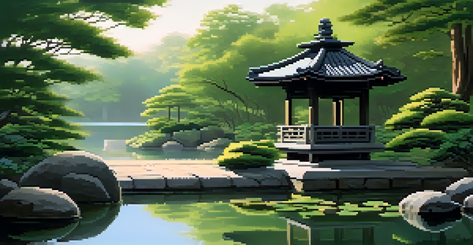 A peaceful Zen garden featuring raked gravel, lush plants, a calm pond, and a Japanese stone lantern, bathed in soft morning light.