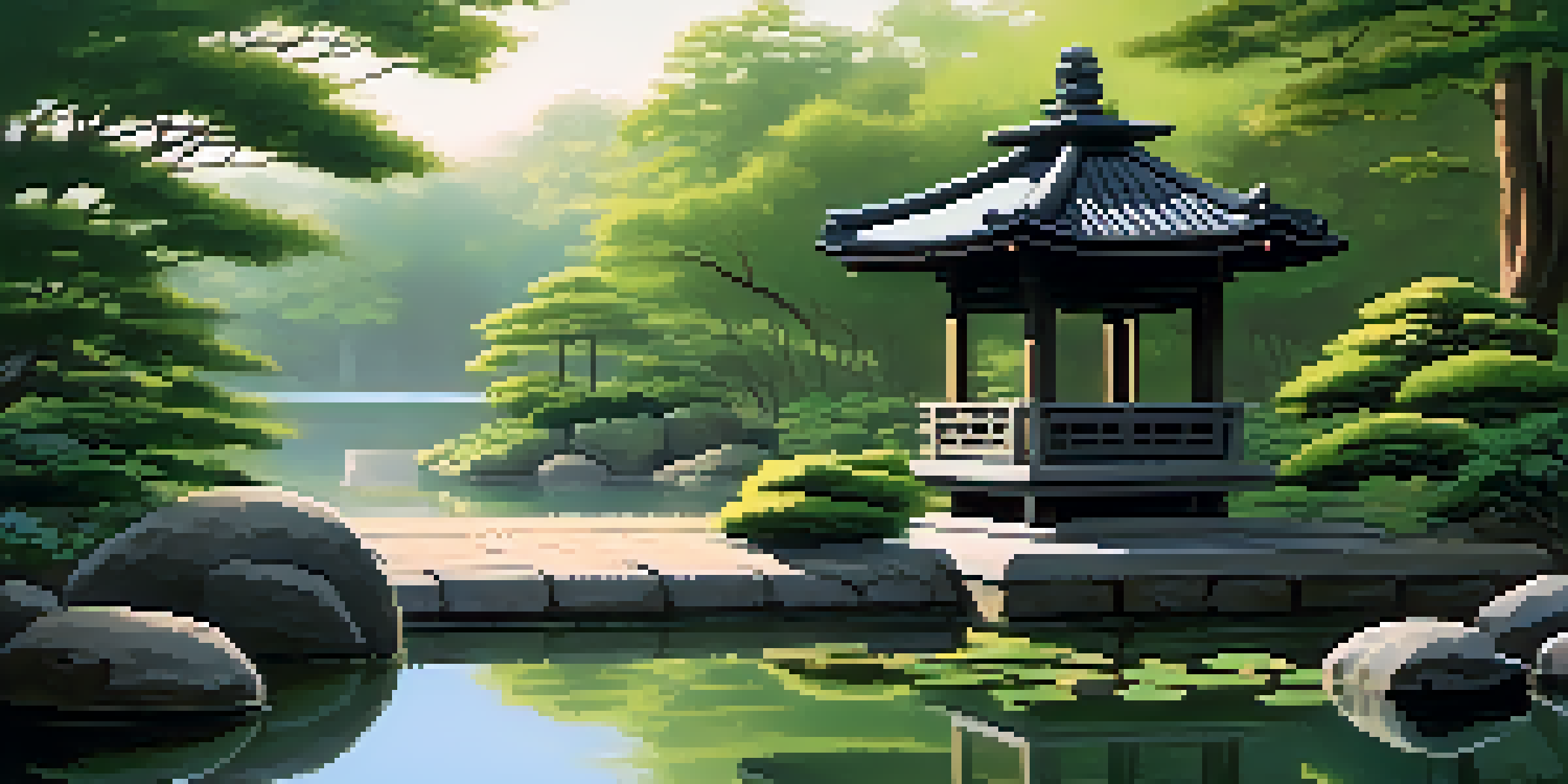 A peaceful Zen garden featuring raked gravel, lush plants, a calm pond, and a Japanese stone lantern, bathed in soft morning light.