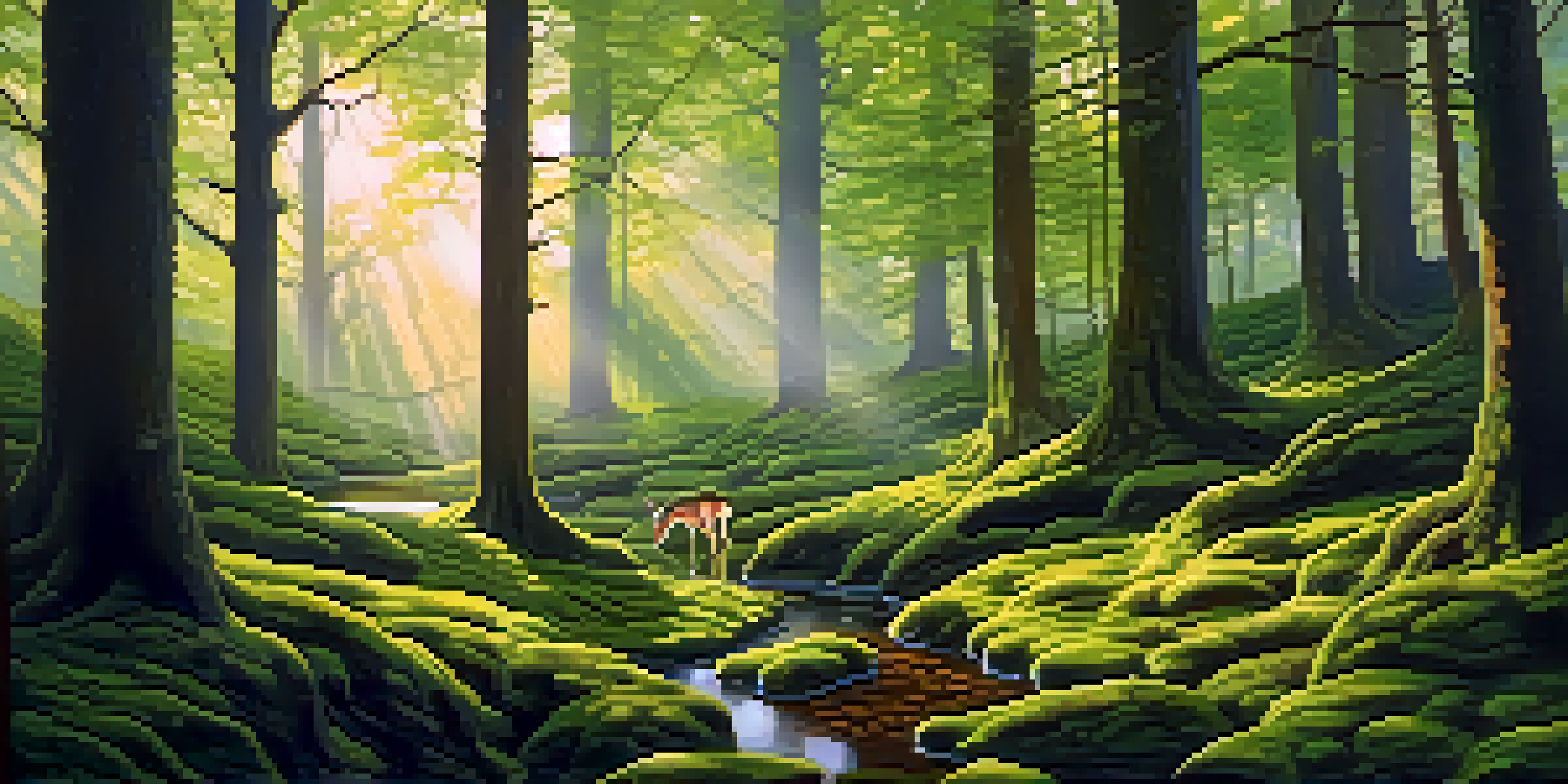 A peaceful forest scene at dawn with sunlight shining through trees, a deer grazing near a stream, and moss-covered ground.
